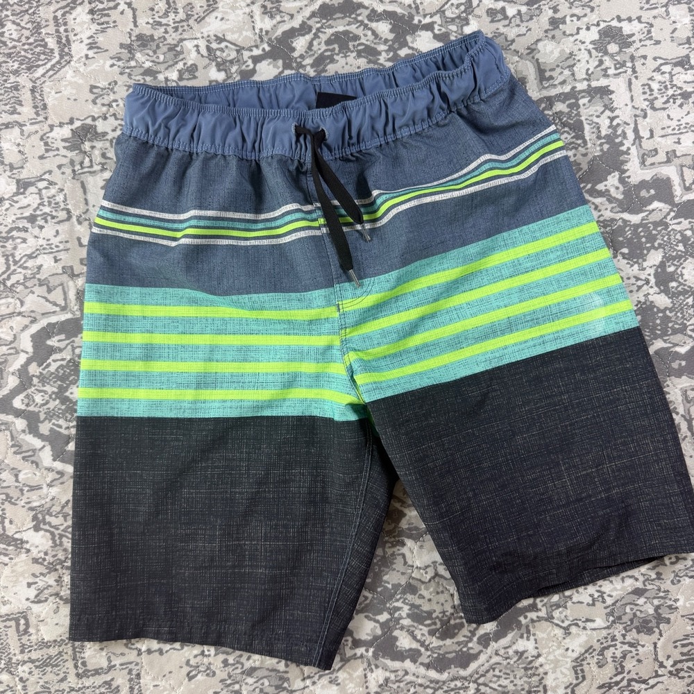 Hurley Boys Youth Boardshorts Stripe Swim Trunks Size Large Black, Grey, & Neon
